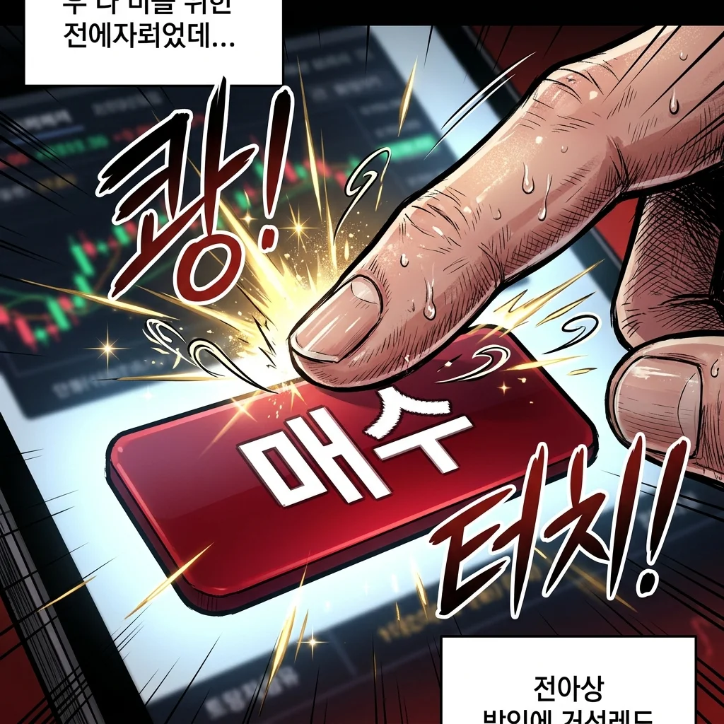 비장한 표정으로 매수 버튼을 누르는 나개미의 손가락 초근접 샷